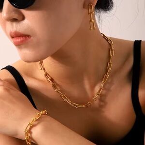 Graduated Gold Link Necklace,Bracelet, Earrings Set